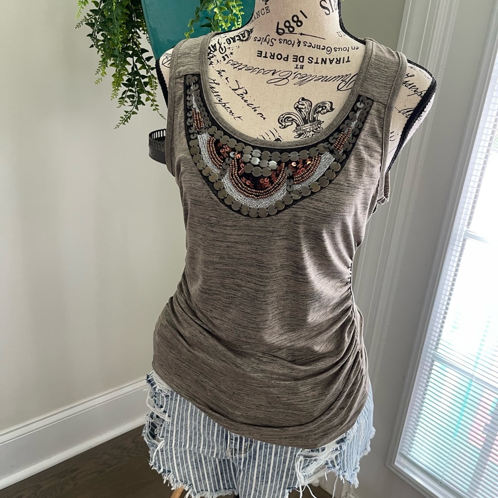 BCX Green top with beads and sequins accents size large